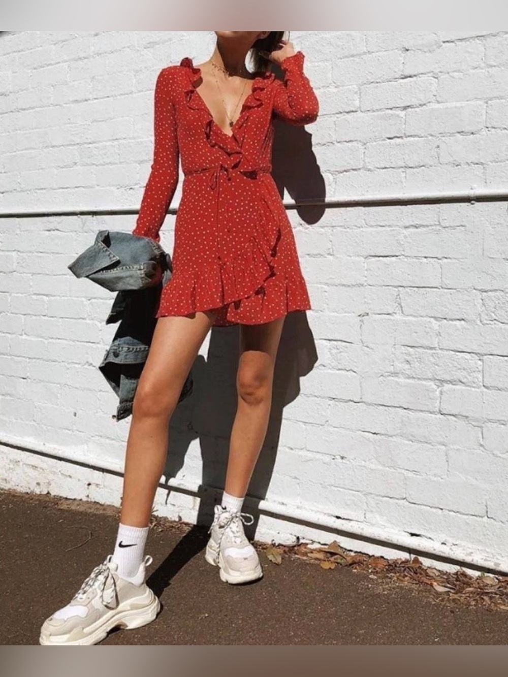 100% Silk Realisation Par Red Polka Dot Ruffle Wrap Mini